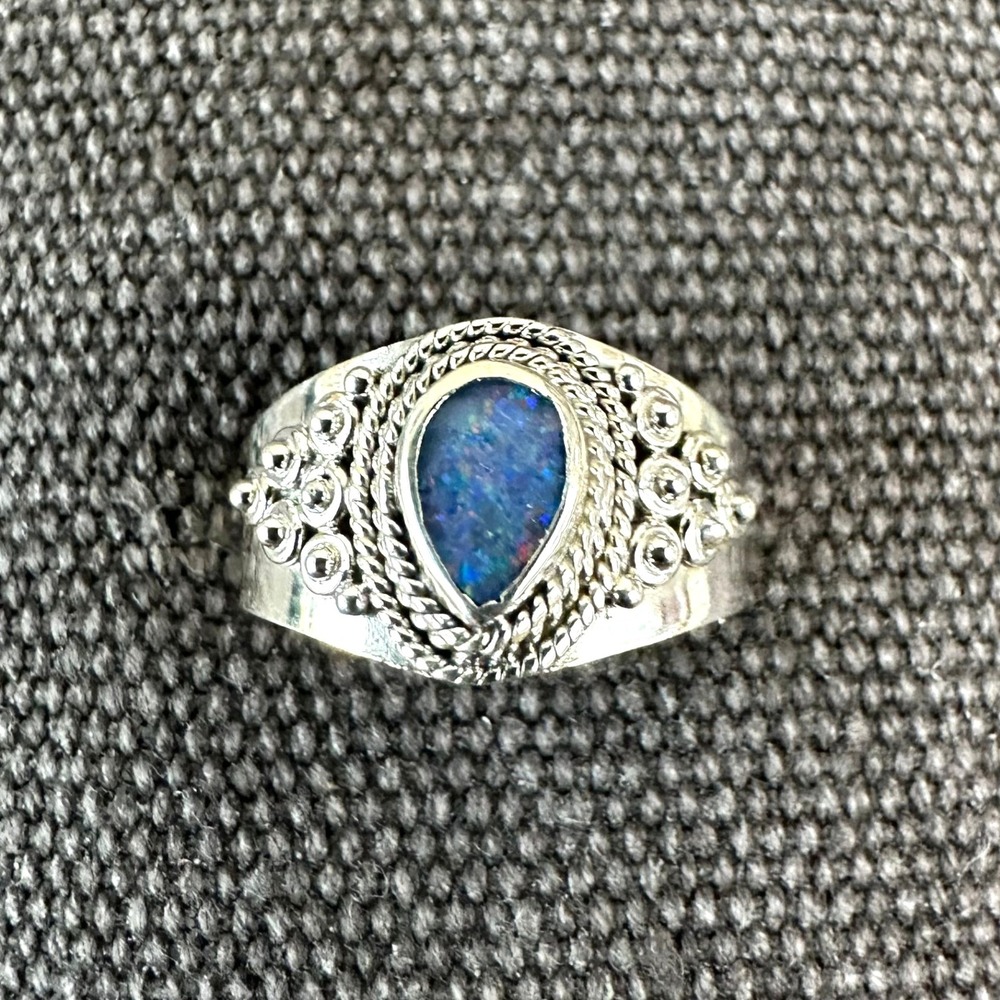 Australian Opal Tear Drop .925 Sterling Silver Ring‎ Size 8 Bezel Statement